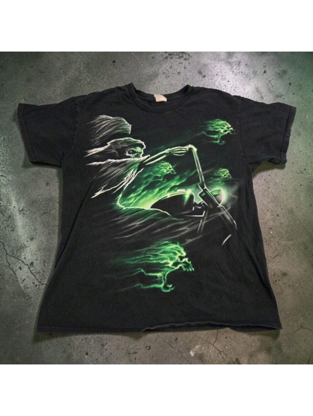Vtg Y2K Grim Reaper Chopper Rider T Shirt Green Ghost Flames Skull Biker Tee L
